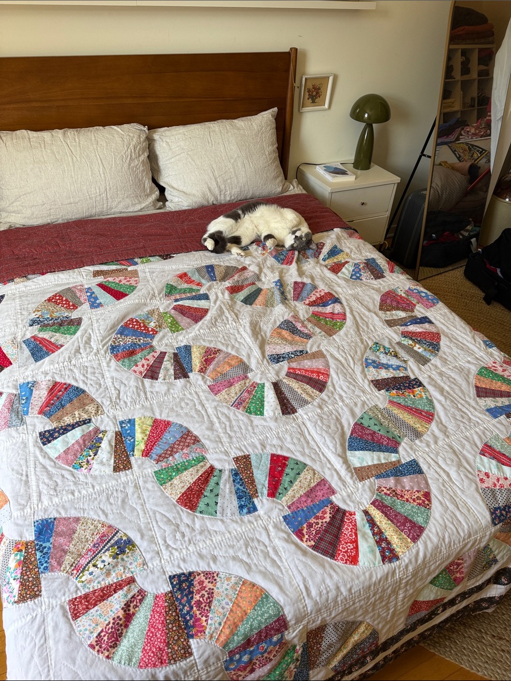 Handmade White Patchwork Fan Quilt with Multicolor Accents
